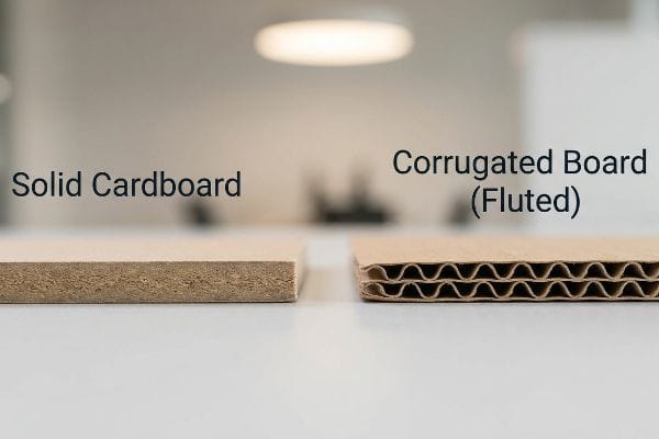 Detaillierter Querschnitt zum Vergleich von Vollpappe, einem dichten, ungewellten Material, und Wellpappe (gewellt) mit ihren charakteristischen gewölbten Wellen.