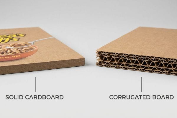 Brown Solid Cardboard with 'Cheerios' print contrasts with Corrugated Board revealing internal flutes.