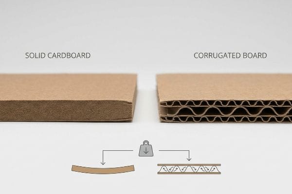 Cardboard vs Corrugated Strength Solid Cardboard and Corrugated Board cross-sections, illustrating solid chipboard bending under load while fluted corrugated board disperses kinetic energy.