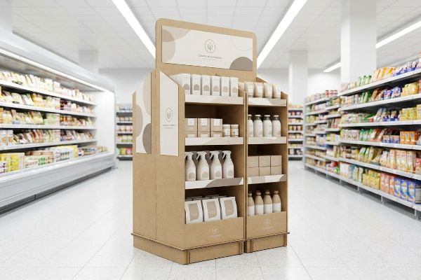 Regal für Kosmetikdisplays aus Karton In einem Gang eines Supermarktes steht ein braunes Wellpapp-Display, in dem Kosmetik- und Hautpflegeprodukte in neutraler Verpackung präsentiert werden.