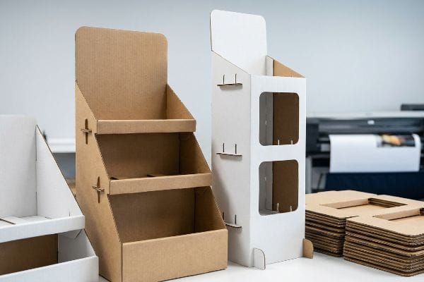 Assembled die-cut cardboard displays, featuring a two-tier brown countertop unit and a white two-shelf floor display, with flat-packed components.