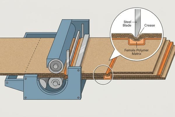 Faltdiagramm für Karton Eine Stahlklinge drückt in Wellpappe und erzeugt eine Falte gegen eine weibliche Polymermatrix, was eine präzise Faserdehnungskontrolle veranschaulicht.