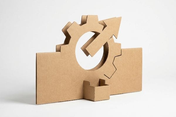 Brown corrugated cardboard die-cut gear with an upward arrow, symbolizing structural engineering and process optimization.