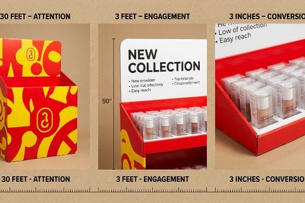 Red and yellow cardboard retail display illustrating the 3-3-3 rule, showing stages for 30 feet attention, 3 feet engagement with a 50-inch 'New Collection' cosmetic display, and 3 inches conversion.
