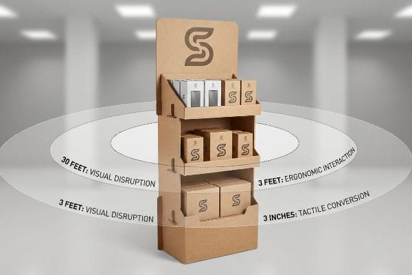 3-3-3 Spatial Engagement Rule Three-tiered corrugated cardboard floor display with 'S' logo products, showing 30 Feet Visual Disruption, 3 Feet Ergonomic Interaction, and 3 Inches Tactile Conversion zones.