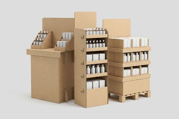Cardboard Retail Displays Natural brown cardboard display boxes, including a counter and floor stand, filled with bottles and white packages for retail merchandising.