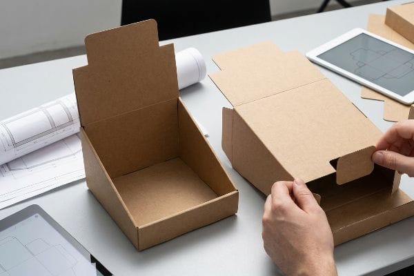 تجميع صندوق عرض من الورق المقوى البني، مع صندوق عرض فارغ، ومخططات، وجهاز لوحي يعرض خطوط القطع.
