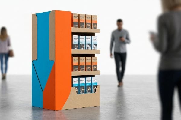 Retail Display Die-Cut Arrow Cardboard retail display with orange and blue panels, featuring a large die-cut arrow and shelves stocked with Grande and Bravura product boxes.