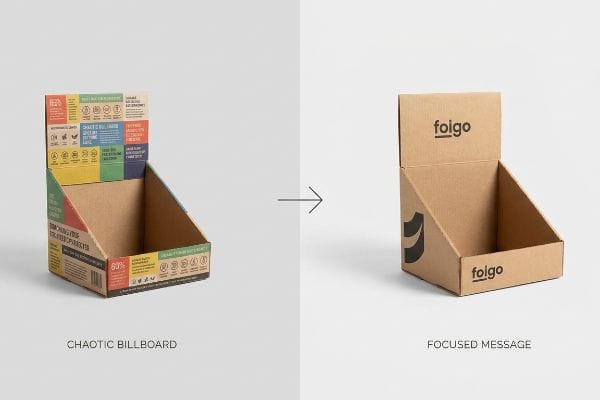 Focused Retail Display Messaging Brown corrugated cardboard retail display comparison showing a chaotic, text-heavy unit versus a simplified Foigo display with focused messaging.