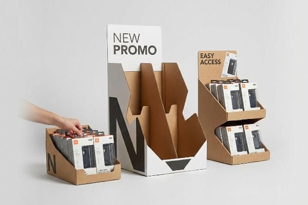 Retail Display Boxes Promo Corrugated cardboard retail display boxes with 'New Promo' and 'Easy Access' headers, displaying JBL products, a hand selecting an item.