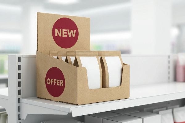 Retail Display Box Offer Brown corrugated cardboard display box on a white retail shelf, featuring 'New' and 'Offer' red circular labels and plain product pouches.