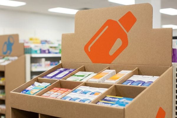 Brown cardboard display box with an orange bottle graphic, holding diverse retail products like Voltaren in a pharmacy.