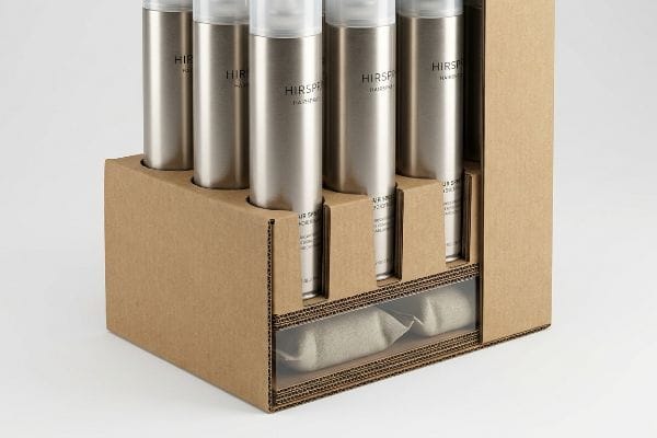 Brown corrugated cardboard display holds silver Hirspra Hairnet hairspray cans in die-cut cavities, with beige material visible through a clear plastic window.