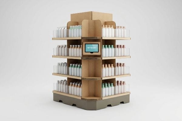 段ボール製エンドキャップディスプレイ 多段式棚、モジュール式仕切り、インタラクティブな「タップして情報を見る」スクリーン、そして耐久性のあるベースを備えた、モダンな段ボール製エンドキャップディスプレイ。.