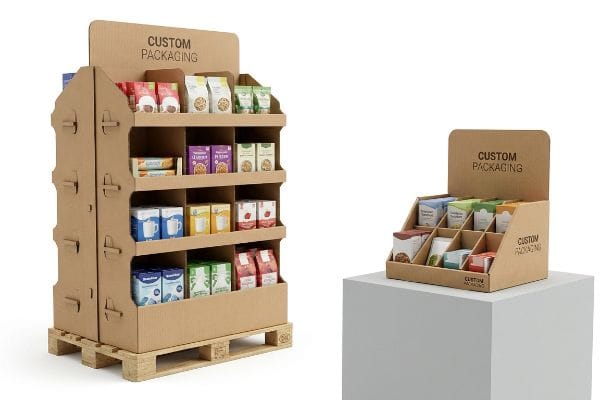 Cardboard Display Stands Natural brown corrugated cardboard floor merchandiser on a wooden pallet next to a countertop display, both featuring 'Custom Packaging' branding.