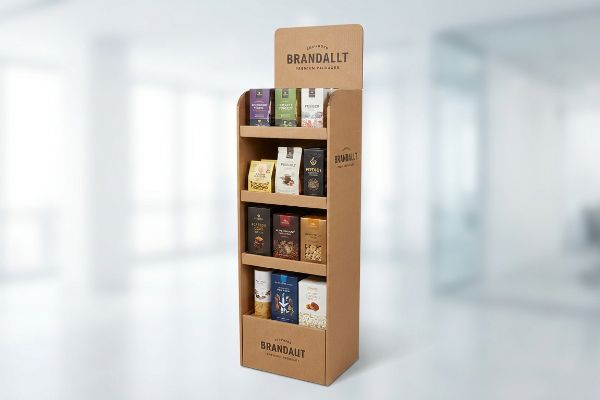 Brandallt FSDU Display A retail environment features a brown cardboard free-standing display unit showcasing Brandallt Premium Packages on multiple shelves.