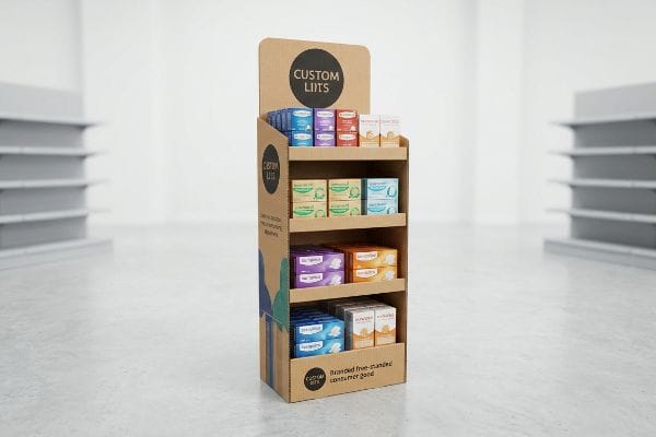 Custom Liits FSDU Display A retail store aisle features a Custom Liits branded cardboard FSDU, displaying multi-colored product boxes on shelves.