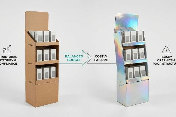 構造的完全性とコンプライアンスを示す頑丈な段ボール製のPOPディスプレイは、派手なグラフィックと劣悪な構造を示す傾いたホログラフィックディスプレイと対照的で、バランスの取れた予算と高額な失敗を対比させている。.