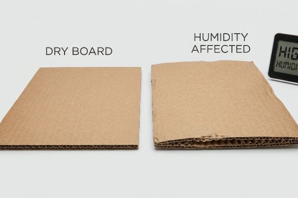 Corrugated cardboard comparison: a flat Dry Board versus a Humidity Affected board with buckled flutes, alongside a High Humidity hygrometer.