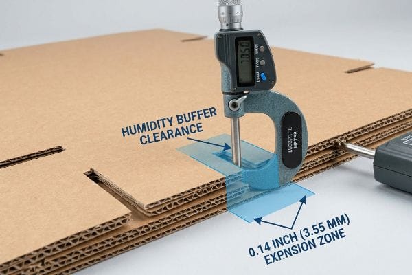 Corrugated cardboard layers are precisely measured by a digital micrometer, illustrating the 0.14 inch (3.55 mm) Expansion Zone and Humidity Buffer Clearance.