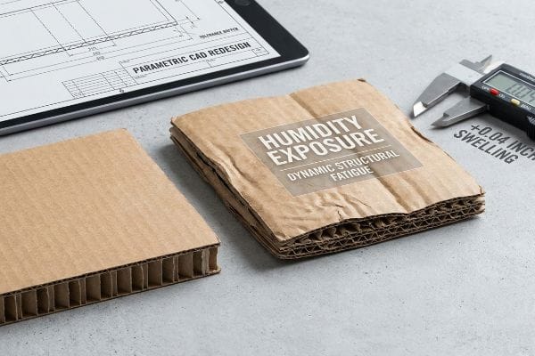 Cardboard Humidity Swelling Test Warped corrugated cardboard, labeled "Humidity Exposure" and "Dynamic Structural Fatigue," with a digital caliper showing "+0.04 Inch Swelling" next to a tablet displaying "Parametric Cad Redesign."