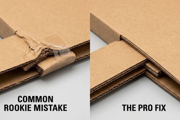 A crumpled cardboard joint secured with clear tape, labeled 'Common Rookie Mistake', contrasted with a clean, interlocking corrugated panel, labeled 'The Pro Fix'.