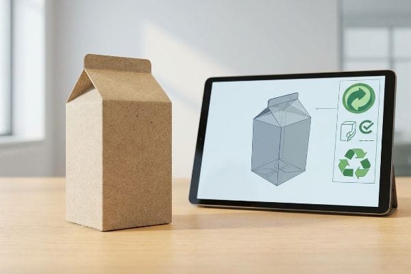 Sustainable Packaging Design A brown cardboard milk carton prototype next to a tablet displaying its 3D CAD model and green recycling symbols, emphasizing sustainable design.