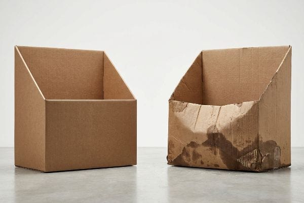 Cardboard Moisture Damage Comparison Two corrugated cardboard display boxes, one new and one severely damaged by moisture, illustrating structural integrity failure from water absorption.