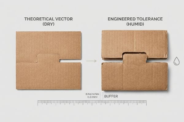Cardboard Moisture Swelling Buffer Corrugated cardboard pieces illustrate the difference between Theoretical Vector (Dry) and Engineered Tolerance (Humid), showing a 0.04 inches (1.0 mm) Buffer due to moisture swelling.