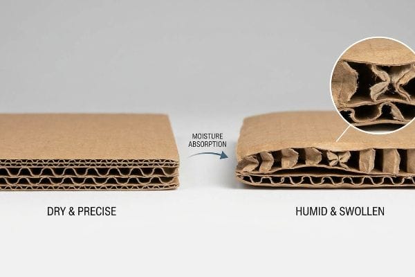 Papelão ondulado demonstrando estrutura seca e precisa versus estado úmido e inchado devido à absorção de umidade, destacando as ondulações expandidas.