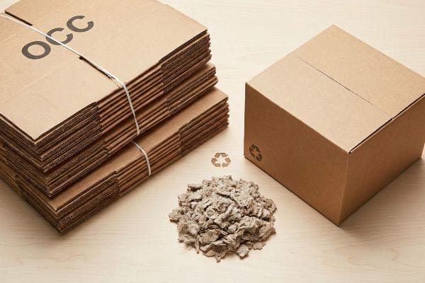 Cardboard Recycling Materials E-commerce cardboard recycling: stacked OCC corrugated sheets, a closed box with a recycling symbol, and shredded paper.