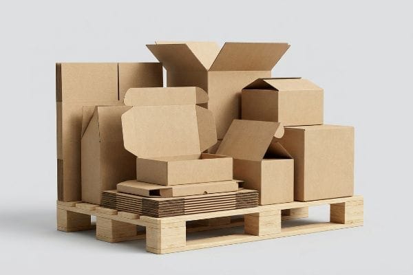 Various brown cardboard packaging boxes, some open and flat, stacked on a wooden pallet for shipping and retail display.
