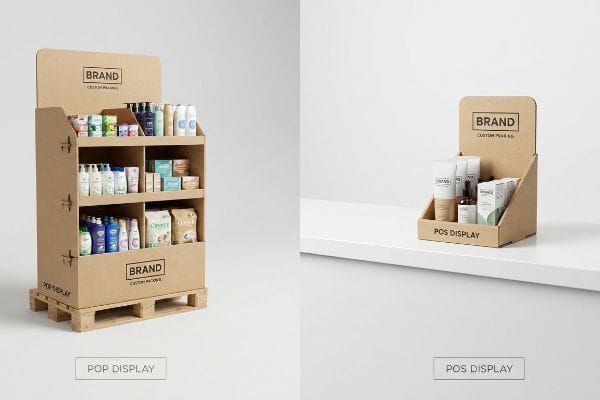 Pallet-Based POP Display Natural brown corrugated cardboard, multi-tiered Pop Display on a pallet, showcasing Brand Custom Packaging for various personal care products.