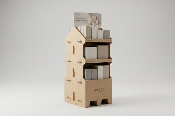 Display de papelão para ponto de venda da Brandthing, exibindo embalagens de produtos de consumo em tons neutros nas prateleiras, montadas com abas de encaixe.