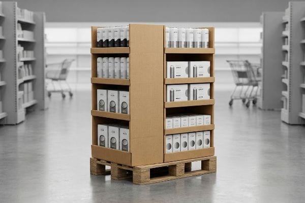 Teilpalettenanzeige Viertelpaletten aus Wellpappe auf Holzpaletten, bestückt mit weiß und schwarz verpackten Konsumgütern der Marken „CAEX“ und „ZEEN“ in einem Verkaufsgang.