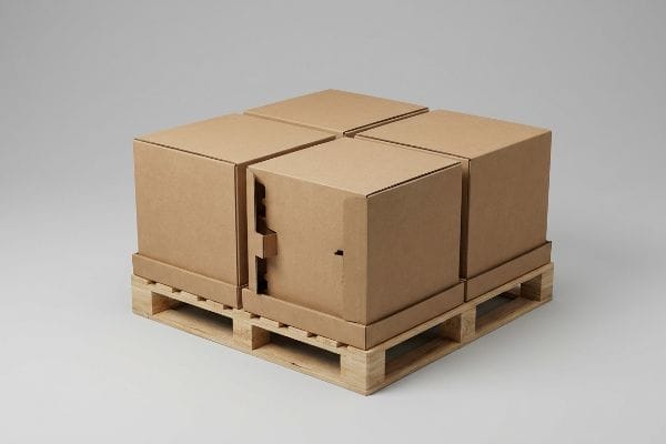 Brown corrugated cardboard quarter pallet displays with visible interlocking tabs, arranged on a wooden pallet for retail floor promotions.