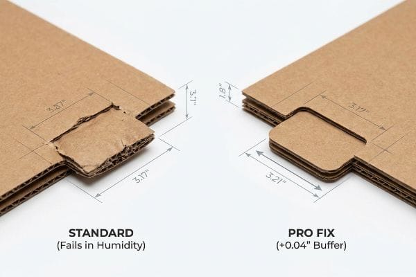 Cardboard Humidity Buffer Corrugated cardboard: Standard torn tab (3.17") vs. Pro Fix tab with 0.04-inch humidity buffer (3.21").