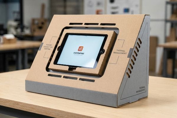 Cardboard Tablet Thermal Display Brown corrugated cardboard display stand holds a tablet with 'contamer' logo, showing Passive Convection Venting and Thermal Management via die-cut vents.