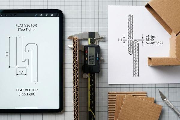Cardboard Bend Allowance Calculation Digital caliper measuring corrugated cardboard at 1.00mm, with a tablet showing a "Flat Vector (Too Tight)" design and a diagram detailing "+1.5mm Bend Allowance" for precise structural engineering.