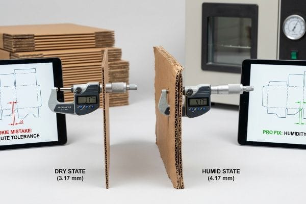 Cardboard Thickness Humidity Test Corrugated cardboard thickness measured by micrometers: Dry State 3.17 mm, Humid State 4.17 mm, demonstrating Rookie Mistake Absolute Tolerance versus Pro Fix Humidity.