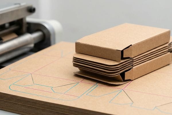 Gabarits de production de boîtes à rabat Feuilles de carton kraft avec gabarits de pré-pressage pour boîtes à rabat, empilées à côté d'emballages bruns partiellement assemblés.