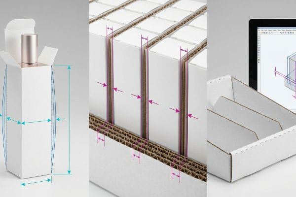 Packaging Micro-Bulge Measurements White folding carton with a rose gold bottle showing blue dimension lines, alongside cartons in a corrugated tray with magenta micro-clearance arrows.