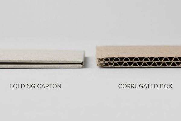 Comparing Folding Carton, a single paperboard sheet, with a Corrugated Box, revealing its fluted layers.