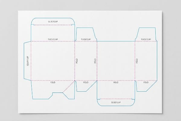 Carton Dieline Template An intricate folding carton dieline template with labeled Glue Flap, Tuck Flap, and Fold sections for precise assembly.
