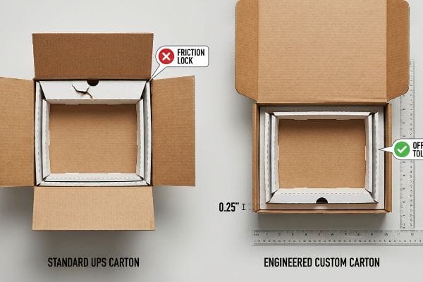 設計されたカートンのオフセット公差 標準的なUPSの「摩擦ロック」付きカートンと、0.25インチのオフセット公差を示し、破れを防ぐように設計されたカスタムカートンを比較。.
