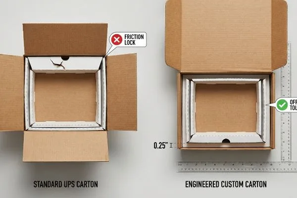 Engineered Carton Offset Tolerance Standard UPS carton with 'Friction Lock' vs. engineered custom carton showing 0.25-inch Offset Tolerance, preventing tearing.