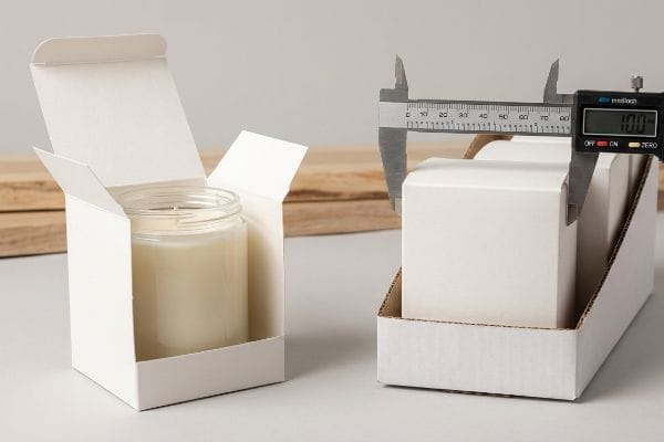 Caliper Measures Carton Width White folding carton with glass candle, digital caliper measuring carton width, displaying '100' for packaging dimensions.