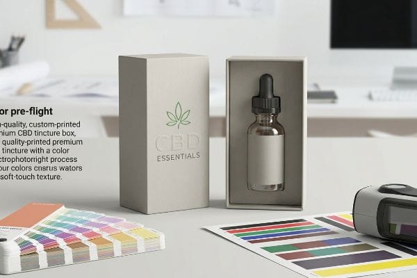 CBD Box Color Pre-flight Light beige custom-printed CBD Essentials tincture box with dropper bottle, alongside Pantone swatches and a spectrophotometer for color pre-flight.