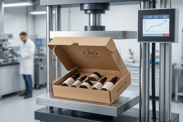 CBD Box Compression Test Corrugated CBD Wellness mailer box with products on hydraulic compression press, showing 265.1 lbs load.