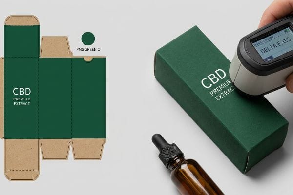 Troquelado de caja de CBD personalizado Pms Green C y una caja de extracto de CBD Premium, color medido por un espectrofotómetro que muestra Delta-E: 0,5.